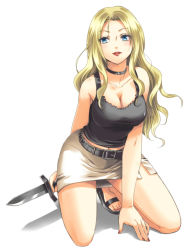 Rule 34 | 1girl, ansatsu kyoushitsu, black shirt, blonde hair, blue eyes, breasts, choker, cleavage, collarbone, curly hair, full body, highres, holding, holding knife, irina jelavic, iwao, kneeling, knife, large breasts, long hair, looking at viewer, midriff, miniskirt, nail polish, navel, parted lips, pleated skirt, red lips, red nails, shirt, side slit, simple background, skirt, sleeveless, sleeveless shirt, solo, stomach, toenail polish, toenails, very long hair, white background, white skirt