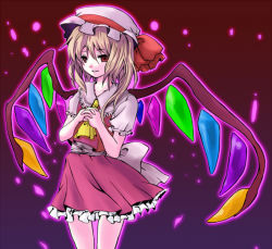 Rule 34 | 1girl, ascot, atsumi haru, cowboy shot, female focus, flandre scarlet, gradient background, hat, interlocked fingers, miniskirt, mob cap, outline, own hands clasped, own hands together, ponytail, purple background, ribbon, short hair, skirt, solo, standing, touhou, wings, yellow ascot