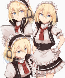 Rule 34 | 1girl, apron, blonde hair, blue eyes, braid, braided bangs, commentary request, frown, g36 (girls&#039; frontline), girls&#039; frontline, gloves, hair between eyes, hand on own hip, high collar, highres, holding, holding paper, kashiyarrm, maid, maid apron, maid headdress, multiple views, paper, papers, short hair, sleeveless, sleeveless jacket, white background