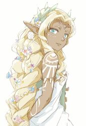 Rule 34 | 1girl, alternate hairstyle, ancient set (zelda), arms behind back, bare shoulders, bdbl08177094, blonde hair, braid, circlet, commentary, dress, facial mark, flower, from side, green eyes, hair flower, hair ornament, highres, long hair, looking afar, nintendo, pointy ears, simple background, sleeveless, sleeveless dress, solo, sonia (zelda), the legend of zelda, the legend of zelda: tears of the kingdom, toned female, very long hair, white background