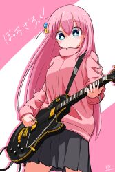 Rule 34 | 1girl, absurdres, black skirt, blue eyes, bocchi the rock!, closed mouth, facing viewer, gotoh hitori, guitar, hair between eyes, hair ornament, highres, holding, holding guitar, holding instrument, holding plectrum, instrument, jacket, long hair, long sleeves, looking down, music, pink background, pink hair, pink jacket, playing guitar, playing instrument, pleated skirt, plectrum, skirt, solo, two-tone background, very long hair, white background, wolkat