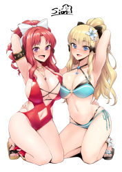 Rule 34 | 2girls, akino (princess connect!), arm behind head, arm up, armlet, armpits, bare shoulders, bikini, black bikini, black bow, blonde hair, blue eyes, blush, bow, breasts, brooch, cleavage, clothing cutout, collarbone, elf, flower, green bikini, hair bow, hair flower, hair ornament, highleg, highleg swimsuit, highres, jewelry, kneeling, large breasts, layered bikini, long hair, looking at viewer, multiple girls, nail polish, navel, navel cutout, neck ring, necklace, one-piece swimsuit, open mouth, parted bangs, pointy ears, ponytail, princess connect!, purple eyes, red hair, red one-piece swimsuit, sandals, saren (princess connect!), sian, sidelocks, smile, swimsuit, two-tone bikini, white bow