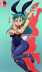 Rule 34 | 1girl, alternate costume, animal ears, artist request, bare shoulders, black leotard, blue eyes, blue hair, bouncing breasts, breasts, bulma, bunny outfit, cleavage, curvy, detached collar, dragon ball, fake animal ears, female focus, high heels, highres, leotard, long hair, pantyhose, playboy bunny, rabbit ears, rabbit tail, shiny skin, solo, strapless, strapless leotard, tail, wrist cuffs