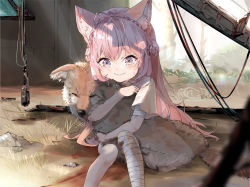 Rule 34 | 1girl, ahoge, animal, animal ear fluff, animal ears, animal hug, bandaged arm, bandaged leg, bandages, blood, bloody bandages, blurry, blurry background, braid, child, closed mouth, commentary, coyote, crying, crying with eyes open, day, eyebrows hidden by hair, feet out of frame, funi mu9, hakui koyori, highres, hololive, long hair, pink eyes, pink hair, short sleeves, smile, solo, tail, tears, virtual youtuber, wolf ears, wolf tail