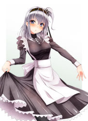 Rule 34 | 1girl, alternate costume, apron, blue eyes, blush, breasts, clothes writing, dress, enmaided, frills, hair between eyes, hair ornament, head tilt, headband, highres, kantai collection, kiko (okuwae), long hair, looking at viewer, maid, medium breasts, one side up, open mouth, pantyhose, sidelocks, silver hair, skirt, solo, suzutsuki (kancolle)