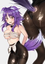 Rule 34 | 1girl, animal ear fluff, animal ears, ass, bad id, bad pixiv id, bare shoulders, black leotard, black pantyhose, blush, breasts, breasts out, collarbone, goyain, large breasts, leotard, leotard pull, long hair, makoto (princess connect!), navel, open mouth, pantyhose, princess connect!, purple hair, sarashi, sidelocks, simple background, solo, tail, thighband pantyhose, thighs, torn clothes, torn pantyhose, white background, wolf ears, wolf girl, wolf tail, yellow eyes
