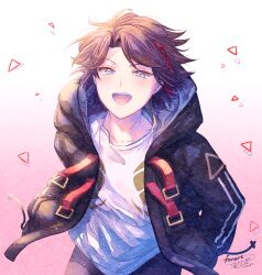 Rule 34 | 1boy, :d, black jacket, black pants, blue eyes, brown hair, commentary request, gradient background, hood, hood down, hooded jacket, ittokyu, jacket, long sleeves, looking at viewer, male focus, multicolored hair, nijisanji, open clothes, open jacket, open mouth, pants, parted bangs, pink background, puffy long sleeves, puffy sleeves, red hair, saegusa akina, saegusa akina (4th costume), shirt, signature, smile, solo, streaked hair, virtual youtuber, white background, white shirt