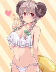 Rule 34 | 1girl, amane hasuhito, bad id, bad twitter id, bikini, blush, bow, braid, breasts, brown hair, character request, cleavage, copyright request, frilled bikini, frills, green bow, hair between eyes, hair bow, heart, holding, holding swim ring, horns, innertube, large breasts, long hair, looking at viewer, pointy ears, red eyes, side-tie bikini bottom, smile, solo, swim ring, swimsuit, twin braids, v, white bikini
