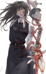 Rule 34 | 1girl, arm up, belt, belt buckle, black dress, black hair, blood, blood on clothes, blood on face, buckle, chainsaw man, chinese commentary, collared shirt, cowboy shot, crazy smile, dress, facial scar, floating hair, guro, highres, holding, intestines, long hair, long sleeves, looking down, neck ribbon, outstretched hand, parted lips, pinafore dress, ribbon, ringed eyes, scar, scar on cheek, scar on face, school uniform, severed head, shirt, signature, simple background, sleeveless, sleeveless dress, smile, solo, spine, standing, tanaka (chainsaw man), white background, white shirt, ydocoo, yellow eyes, yoru (chainsaw man)