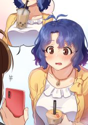 Rule 34 | 2girls, blue hair, blush, breasts, brown eyes, brown hair, bubble tea challenge, cellphone, collarbone, holding, holding phone, idolmaster, idolmaster million live!, jewelry, kamille (vcx68), large breasts, long sleeves, looking at another, multiple girls, necklace, parted lips, phone, short hair, smartphone, toyokawa fuka, wavy hair, yokoyama nao