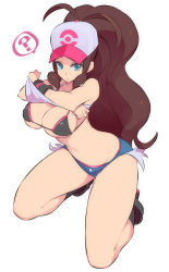 Rule 34 | 1girl, ?, ahoge, aqua eyes, bare legs, baseball cap, bikini, black bikini, black footwear, breasts, brown hair, cleavage, clothes lift, commentary request, covered erect nipples, creatures (company), curly hair, denim, denim shorts, game freak, hat, high ponytail, highres, hilda (pokemon), kneeling, large breasts, long hair, looking at viewer, nac000, nintendo, parted lips, pokemon, pokemon bw, shirt, shirt lift, short shorts, shorts, sidelocks, simple background, solo, spoken question mark, swimsuit, thighs, underboob, white background, white shirt