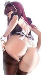 Rule 34 | 1girl, alternate costume, ass, brown thighhighs, commentary, damda, enmaided, fate/grand order, fate (series), from behind, long hair, looking at viewer, looking back, maid, maid headdress, panties, purple hair, red eyes, scathach (fate), short sleeves, simple background, solo, thigh gap, thighhighs, thong, underwear, white background, white panties