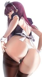 1girl alternate_costume ass brown_thighhighs commentary damda enmaided fate/grand_order fate_(series) from_behind long_hair looking_at_viewer looking_back maid maid_headdress panties purple_hair red_eyes scathach_(fate) short_sleeves simple_background solo thigh_gap thighhighs thong underwear white_background white_panties