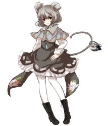 Rule 34 | 1girl, animal ears, bad id, bad pixiv id, basket, boots, capelet, dress, embellished costume, female focus, floral print, full body, grey hair, jewelry, light smile, mouse (animal), mouse ears, mouse tail, nazrin, pantyhose, pendant, red eyes, ribbon, shirt, short hair, simple background, smile, solo, tail, touhou, tsukiori, white background, white pantyhose, zipper