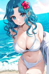 Rule 34 | 1girl, aqua eyes, aqua hair, bare legs, bare shoulders, beach, bikini, bishoujo senshi sailor moon, breasts, check commentary, cleavage, cloud, collarbone, commentary request, corrupted twitter file, cowboy shot, day, flower, hair flower, hair ornament, highres, kaiou michiru, koharumichi, large breasts, light blush, lips, long hair, looking at viewer, medium hair, midriff, navel, outdoors, parted bangs, red flower, sand, sidelocks, sky, smile, solo, stomach, swimsuit, water, wavy hair, white bikini