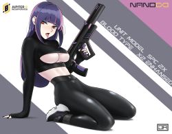 Rule 34 | 1girl, arm support, artist logo, black footwear, black gloves, blunt bangs, breasts, bullpup, clothing cutout, commentary, english commentary, eyeshadow, fingerless gloves, from side, full body, gloves, gun, highres, holding, holding gun, holding weapon, j adsen, large breasts, leaning back, leggings, logo, long hair, looking at viewer, looking to the side, makeup, midriff, original, purple hair, red eyes, revealing clothes, seiza, shoes, sidelocks, sitting, solo, tongue, tongue out, trigger discipline, underboob, underboob cutout, weapon
