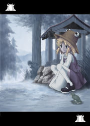Rule 34 | 1girl, blonde hair, bluepony, female focus, forest, frog, hat, letterboxed, moriya suwako, nature, outdoors, plant, rain, short hair, sky, smile, solo, squatting, thighhighs, touhou, white thighhighs, wide sleeves