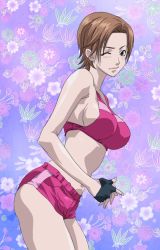 Rule 34 | 1girl, air gear, blue eyes, blush, breasts, brown hair, female focus, fingerless gloves, gloves, kyo (air gear), large breasts, one eye closed, screencap, short hair, short shorts, shorts, sideboob, solo, sports bra, stitched, third-party edit, wink