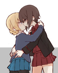 Rule 34 | 10s, 2girls, black jacket, black legwear, blonde hair, blue eyes, blue skirt, blue sweater, braid, brown eyes, brown hair, closed mouth, clothes lift, cowboy shot, darjeeling (girls und panzer), dress shirt, food, from side, fud, girls und panzer, jacket, lifting another&#039;s clothes, long sleeves, looking at another, military, military uniform, miniskirt, multiple girls, nishizumi maho, open clothes, open jacket, pantyhose, pleated skirt, pocky, pocky kiss, red shirt, red skirt, school uniform, shared food, shirt, shirt lift, short hair, skirt, st. gloriana&#039;s school uniform, standing, sweater, twin braids, uniform, white shirt, yuri