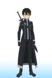 Rule 34 | 10s, 1boy, black eyes, black gloves, black hair, cape, clenched hands, fingerless gloves, full body, gloves, highres, kirito, kirito (sao-alo), looking at viewer, male focus, official art, pointy ears, sheath, sheathed, simple background, smile, solo, spiked hair, sword, sword art online, sword behind back, weapon, weapon on back, white background