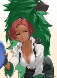 Rule 34 | 1girl, akisa yositake, black gloves, breasts, cleavage, dark-skinned female, dark skin, fingerless gloves, giovanna (guilty gear), gloves, gold belt, green eyes, green fur, guilty gear, guilty gear strive, highres, large breasts, medium hair, partially unbuttoned, red hair, rei (guilty gear), shirt, short hair, sleeves pushed up, white shirt, wolf