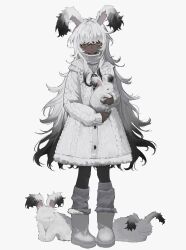 Rule 34 | 1girl, animal, animal ears, blush, boots, cable knit, coat, dark-skinned female, dark skin, floppy ears, full body, fur-trimmed boots, fur trim, gradient hair, grey eyes, grey hair, highres, holding animal, holding rabbit, long bangs, long hair, long sleeves, looking at viewer, messy hair, multicolored hair, open mouth, original, rabbit, rabbit ears, rabbit girl, shou (mori boro), simple background, socks, solo, standing, sweater, very long hair, white background, white coat, white footwear, white hair, white socks, white sweater