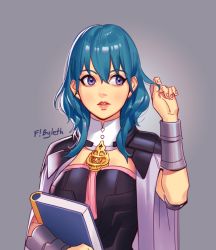 Rule 34 | 1girl, armor, blue eyes, blue hair, book, bracelet, breasts, byleth (female) (fire emblem), byleth (fire emblem), cape, fire emblem, fire emblem: three houses, grey background, hair ornament, jewelry, long hair, looking at viewer, mella, nintendo, short hair, simple background, solo, uniform, white background