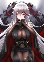 Rule 34 | 1girl, absurdly long hair, absurdres, aegir (azur lane), asymmetrical footwear, azur lane, black cape, black skirt, bodystocking, boots, breast curtains, breasts, brown gloves, cape, covered navel, cross, cross-laced clothes, demon horns, elbow gloves, febicoron, finger to mouth, gloves, hair between eyes, hair on horn, highres, horns, iron cross, knee boots, large breasts, long hair, looking at viewer, microskirt, multicolored hair, non-humanoid robot, red hair, robot, robot animal, shiny clothes, single knee boot, skirt, solo, streaked hair, two-tone hair, underbust, uneven footwear, very long hair, white hair, yellow eyes