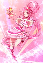 Rule 34 | 0417nao, 1girl, aino hikaru (0417nao), bad id, bad pixiv id, bear, boots, bow, choker, creature, cure prism (0417nao), frills, full body, hair bow, hairband, heart, heart hands, knee boots, long hair, magical girl, one eye closed, original, pink background, pink bow, pink eyes, pink footwear, pink hair, pink skirt, pink theme, ponytail, precure, side ponytail, skirt, smile, standing, standing on one leg, very long hair