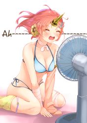 Rule 34 | 1girl, absurdres, bandaged arm, bandaged leg, bandages, bare shoulders, bikini, blue bikini, blush, breasts, cleavage, closed eyes, collarbone, commentary request, double bun, fate/grand order, fate (series), frankenstein&#039;s monster (fate), frankenstein&#039;s monster (swimsuit saber) (fate), frankenstein&#039;s monster (swimsuit saber) (second ascension) (fate), hair bun, hair ornament, hair over one eye, hairclip, hand fan, highres, horns, looking at viewer, medium breasts, medium hair, nyoon, open mouth, parted bangs, pink hair, single horn, sitting, solo, swimsuit