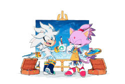 Rule 34 | 1boy, 1girl, ^ ^, aimf, animal ears, animal nose, apron, artist name, blaze the cat, blue footwear, body fur, boots, box, canvas (object), cat ears, cat girl, cat tail, clenched hand, closed eyes, coat, dirty, dirty clothes, dirty face, easel, flat chest, forehead jewel, from behind, full body, fur-trimmed footwear, fur-trimmed gloves, fur trim, furry, furry female, furry male, gem, gloves, hair tie, hands up, happy, heel up, high heels, holding, holding paintbrush, long hair, long sleeves, masonry trowel, multicolored hair, neck fur, neon trim, open mouth, paintbrush, painting (action), painting (object), palette (object), pants, pink footwear, pocket, purple coat, purple fur, purple hair, red gemstone, short hair, sideways mouth, signature, silver the hedgehog, simple background, smile, sonic (series), spiked hair, standing, tail, teeth, thumbs up, topknot, trowel, two-tone hair, white background, white fur, white gloves, white hair, white pants