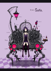 Rule 34 | 1girl, alcohol, bug, butterfly, couch, dress, drink, gia, highres, insect, kneehighs, machine, mecha, mushroom, non-humanoid robot, purple hair, red eyes, robot, science fiction, short hair, socks, solo, striped clothes, striped socks, walker (robot), wine