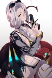 Rule 34 | 1girl, bikini, black bikini, breasts, carmilla (fate), carmilla (swimsuit rider) (fate), carmilla (swimsuit rider) (third ascension) (fate), cleavage, commentary, cowboy shot, curly hair, dog, echo (circa), eyewear on head, fate/grand order, fate (series), gun, hair over shoulder, large breasts, long hair, long sleeves, looking at viewer, midriff, nail polish, red eyes, side ponytail, silver hair, standing, stomach, sunglasses, swimsuit, weapon