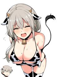 Rule 34 | 2girls, animal ears, animal print, bare shoulders, bell, bikini, blush, breast hold, breasts, cleavage, closed eyes, collar, collarbone, cow ears, cow girl, cow horns, cow print, cow print bikini, cow tail, crossed arms, embarrassed, grey hair, hair between eyes, horns, horosuke, large breasts, leaning forward, long hair, mature female, mother and daughter, multiple girls, neck bell, open mouth, print bikini, short hair, side ponytail, sidelocks, smile, solo focus, sweat, swimsuit, tail, thighhighs, thighs, uzaki-chan wa asobitai!, uzaki hana, uzaki tsuki, wavy mouth