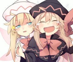 Rule 34 | 2girls, black capelet, black dress, black headwear, blonde hair, blue eyes, blush, capelet, closed eyes, dress, dual persona, fairy, fairy wings, hat, highres, laughing, lily black, lily white, long hair, long sleeves, multiple girls, open mouth, shaded face, simple background, tears, tickling, tickling armpits, touhou, upper body, white background, white capelet, white dress, white headwear, wings, yutamaro