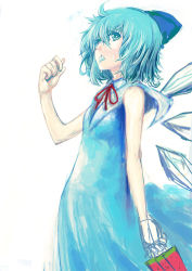 Rule 34 | 1girl, akasia, cirno, dress, female focus, food, from side, hair between eyes, highres, popsicle, simple background, solo, touhou, watermelon bar, white background