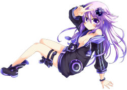 Rule 34 | &gt;:), 10s, 1girl, absurdres, adult neptune, ankle boots, bad id, bad pixiv id, bangle, blush, boots, bracelet, breasts, cleavage, collarbone, d-pad, female focus, full body, hair ornament, highres, hood, hooded track jacket, jacket, jewelry, long hair, neptune (neptunia), neptune (series), off shoulder, purple eyes, purple hair, shin jigen game neptune vii, simple background, smile, solo, track jacket, v, v-shaped eyebrows, white background, zero-theme