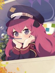 Rule 34 | 1girl, armband, blue archive, blush, grey eyes, hair between eyes, hat, highres, iroha (blue archive), long hair, looking at viewer, military uniform, peaked cap, red hair, seniona, solo, uniform, upper body, wavy hair