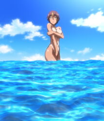 Rule 34 | 1girl, ass, blush, breasts, brown hair, cleavage, covering breasts, covering crotch, covering privates, curvy, highres, holding, holding own hair, jutaijima, large breasts, looking at viewer, looking back, navel, nipples, nude, ocean, one-piece tan, screencap, short hair, sky, solo, standing, tan, tanline, third-party edit, toume akira, water, wet