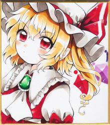 Rule 34 | 1girl, ascot, blonde hair, brooch, closed mouth, collared shirt, commentary request, flandre scarlet, frilled shirt collar, frills, green brooch, hair between eyes, hat, hat ribbon, highres, jewelry, looking at viewer, maa (forsythia1729), marker (medium), medium hair, mob cap, puffy short sleeves, puffy sleeves, red eyes, red ribbon, red vest, ribbon, shikishi, shirt, short sleeves, side ponytail, solo, touhou, traditional media, upper body, v-shaped eyebrows, vest, white ascot, white background, white hat, white shirt