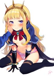 Rule 34 | 1girl, arm support, artist name, bad id, bad twitter id, black gloves, black thighhighs, blonde hair, blue cape, blue capelet, blush, bow, bow panties, bracelet, breasts, brooch, cagliostro (dark) (granblue fantasy), cagliostro (granblue fantasy), cape, capelet, closed mouth, commentary request, crotch seam, crown, elbow gloves, frown, fuji fujino, gloves, granblue fantasy, hand on another&#039;s face, jewelry, lace, lace-trimmed panties, lace trim, leaning forward, legs, long hair, looking at viewer, navel, nipples, no bra, no pants, out of frame, panties, pink panties, purple eyes, red bow, signature, simple background, sitting, small breasts, solo focus, spikes, sweat, thighhighs, tiara, underwear, wariza, white background