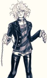 Rule 34 | 1boy, chain, closed eyes, collar, collarbone, danganronpa (series), danganronpa another episode: ultra despair girls, gloves, grey background, hair over one eye, highres, holding, holding chain, jacket, komaeda nagito, messy hair, metal collar, mittens, monochrome, open clothes, open jacket, pants, rei (tdn ng), servant (danganronpa), shiny clothes, shirt, simple background, smile, solo, standing, striped clothes, striped gloves, striped shirt, two-tone shirt