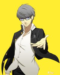 Rule 34 | 1boy, absurdres, black-framed eyewear, black jacket, black pants, blue eyes, closed mouth, collarbone, collared shirt, dress shirt, glasses, hayatetsujimoto, highres, jacket, long sleeves, looking at viewer, male focus, narukami yuu, open clothes, open jacket, pants, persona, persona 4, persona 4 the golden, shirt, short hair, silver hair, simple background, smile, smug, solo, standing, white shirt, wing collar, yellow background