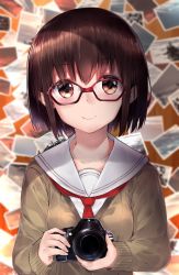 Rule 34 | 1girl, blurry, blurry background, blush, brown hair, camera, cardigan, closed mouth, collarbone, depth of field, glasses, highres, holding, holding camera, long sleeves, looking at viewer, neckerchief, neku (neku draw), original, photo (object), red-framed eyewear, red eyes, red neckerchief, sailor collar, school uniform, serafuku, short hair, smile, solo, tareme, upper body, white sailor collar