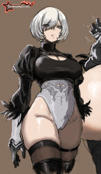 Rule 34 | 1girl, 2b (nier:automata), absurdres, artist logo, ass, awesomeerix, black gloves, boots, breasts, commentary, curvy, dress, english commentary, feather-trimmed sleeves, gloves, hair between eyes, highleg, highleg leotard, highres, juliet sleeves, large breasts, leotard, long sleeves, looking at viewer, mole, mole under mouth, multiple views, nier:automata, nier (series), paid reward available, puffy sleeves, shiny skin, short hair, thigh boots, thighhighs, thighhighs under boots, thighs, thong leotard, white hair, wide hips
