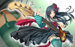 Rule 34 | 00s, 1girl, akiyama mio, asymmetrical clothes, bass guitar, black hair, don&#039;t say &quot;lazy&quot;, dress, electric guitar, female focus, fender jazz bass, fingerless gloves, fingernails, frilled panties, frills, gloves, green panties, green thighhighs, guitar, hat, highres, instrument, k-on!, long hair, nail polish, panties, purple eyes, single glove, solo, thighhighs, uncensored, underwear, very long hair, wallpaper, zoom layer