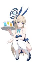 Rule 34 | 1girl, absurdres, animal ears, bare shoulders, blonde hair, blue archive, blue eyes, blue leotard, blush, braid, breasts, cleavage, cup, drinking glass, fake animal ears, full body, halo, hand up, headset, higasino3ldk, high heels, highres, holding, holding tray, knees to chest, knees together feet apart, leotard, looking at viewer, medium breasts, microphone, rabbit ears, solo, squatting, thighhighs, toki (blue archive), toki (bunny) (blue archive), tray, v, wrist cuffs