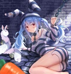 Rule 34 | 1girl, absurdres, animal ears, ass, bare legs, bare shoulders, black headwear, blue hair, blush, breasts, carrot, chain, collar, commentary request, creature, crying, crying with eyes open, cuffs, don-chan (usada pekora), dress, highres, hololive, huge filesize, long sleeves, looking at viewer, lying, md5 mismatch, medium breasts, metal collar, money, mugiusagi, multicolored hair, off shoulder, on side, prison cell, prison clothes, rabbit ears, rabbit girl, red eyes, resolution mismatch, short eyebrows, sidelocks, solo, source smaller, striped clothes, striped dress, striped headwear, tears, thick eyebrows, twintails, two-tone hair, usada pekora, usada pekora (prisoner), virtual youtuber, white dress, white hair