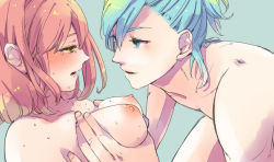 Rule 34 | 10s, 1boy, 1girl, bad id, bad pixiv id, blue background, blue eyes, blue hair, blush, grabbing another&#039;s breast, breasts, collarbone, eye contact, from side, grabbing, hetero, hidaka ryou, implied sex, looking at another, mikaze ai, nanami haruka, nipples, nude, ponytail, profile, red hair, short hair, simple background, sweat, upper body, uta no prince-sama, yellow eyes