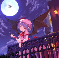 Rule 34 | 2girls, ascot, balcony, bat wings, brooch, broom, clock, cloud, cup, dress, drinking glass, flying, forest, full moon, hand on headwear, hat, hat ribbon, head tilt, jewelry, kirisame marisa, light, light purple hair, looking at viewer, mob cap, moon, multiple girls, nature, nevi nakuta, night, outdoors, puffy short sleeves, puffy sleeves, red eyes, remilia scarlet, ribbon, sash, short hair, short sleeves, silhouette, smile, solo focus, touhou, tower, window, wine glass, wings, wrist cuffs